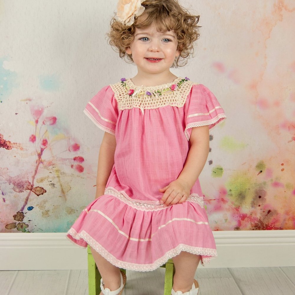 Pink Rose Flower Crochet Square Dress for Girl